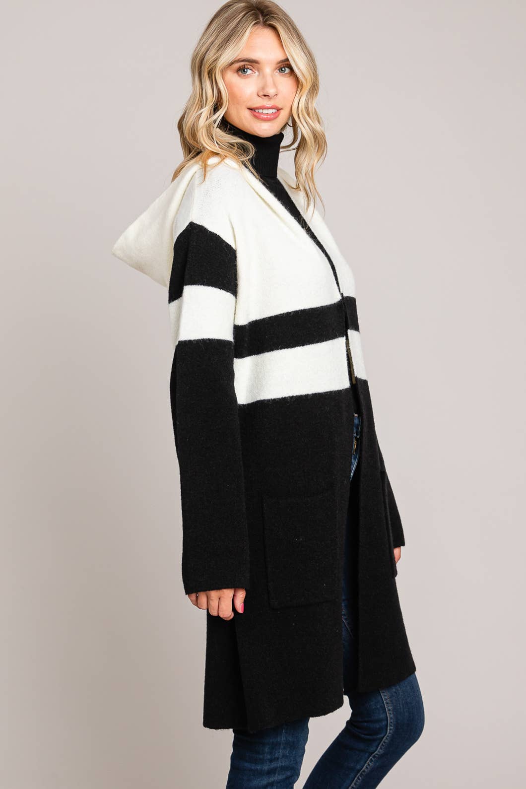 Casual Everyday Women's Black and White Hooded Cardigan