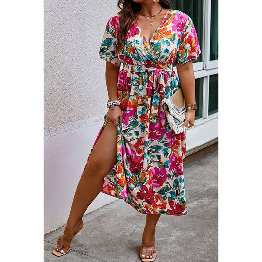 Plus Size Floral Print Wrap Style Dress
