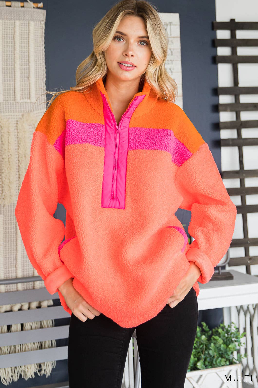 Neon Pink and Orange Color Block Faux Fur Pullover Top