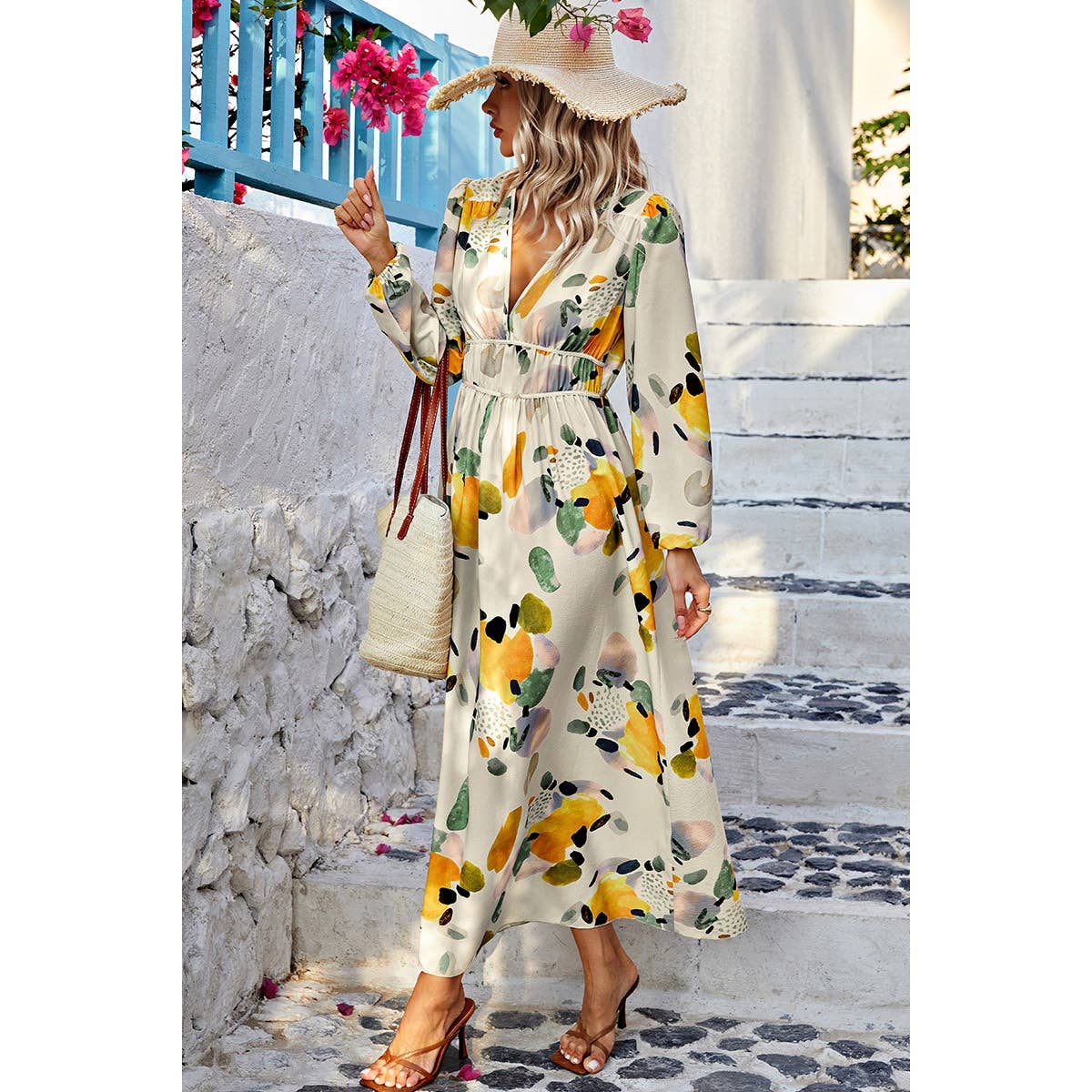 Summer Print Deep V Neck Elastic High Waist Maxi Dress