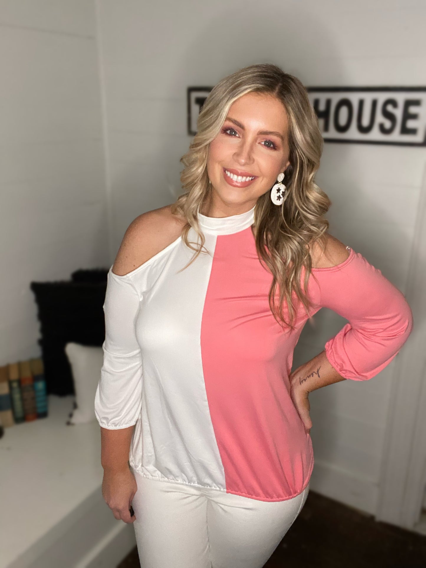 Pink and white Tie Neck Cold Shoulder Color block Top S-3XL
