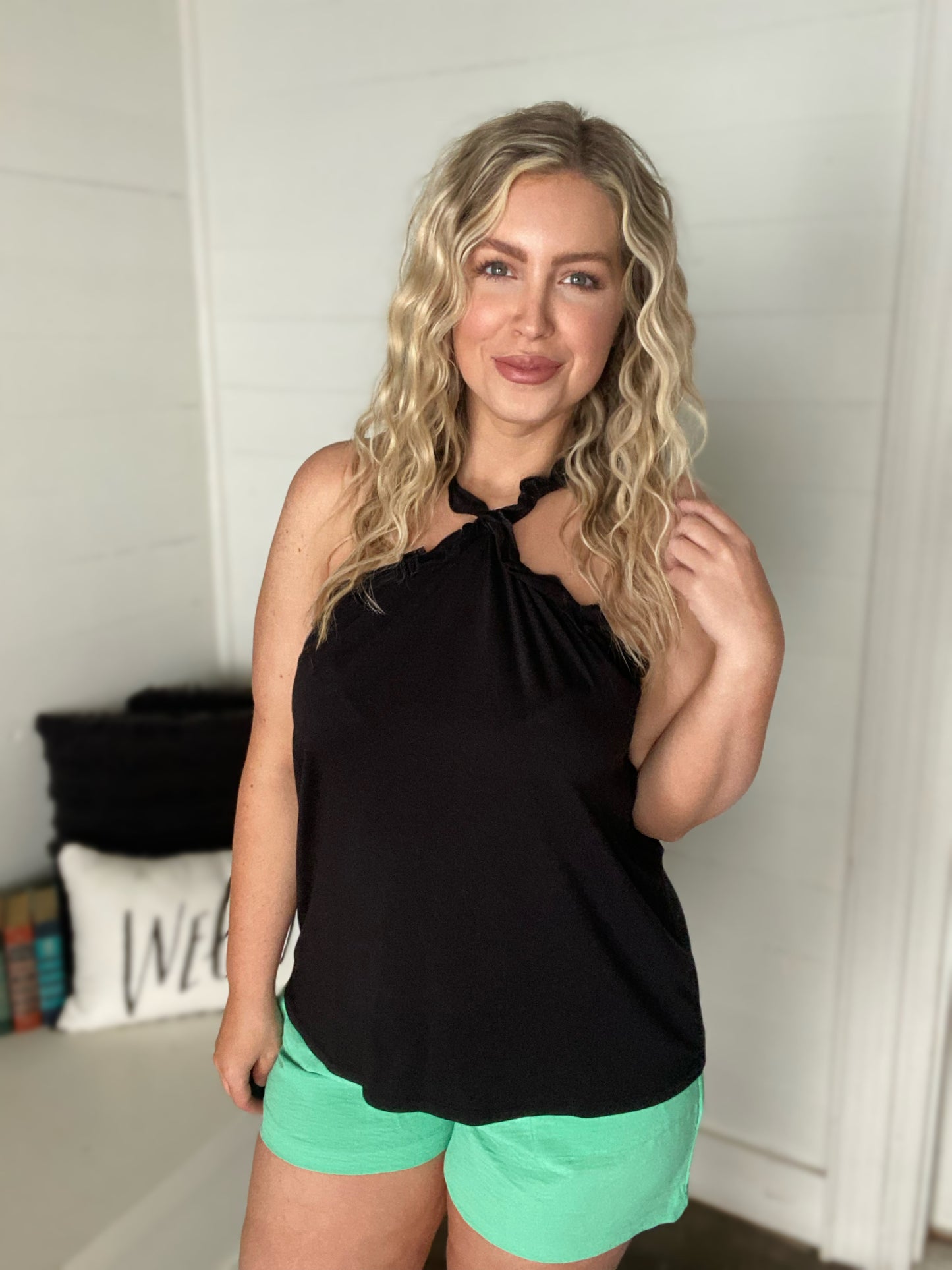Halter Ruffle Trim Solid Top - 81 Black or 62 White
