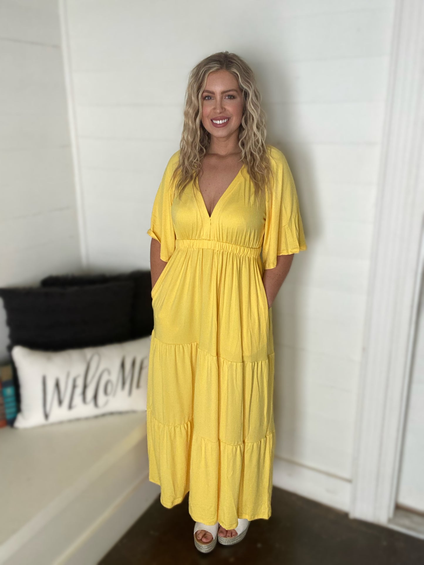 Yellow Flare Sleeve Ruching Tier Maxi Dress with Open Back S-3XL