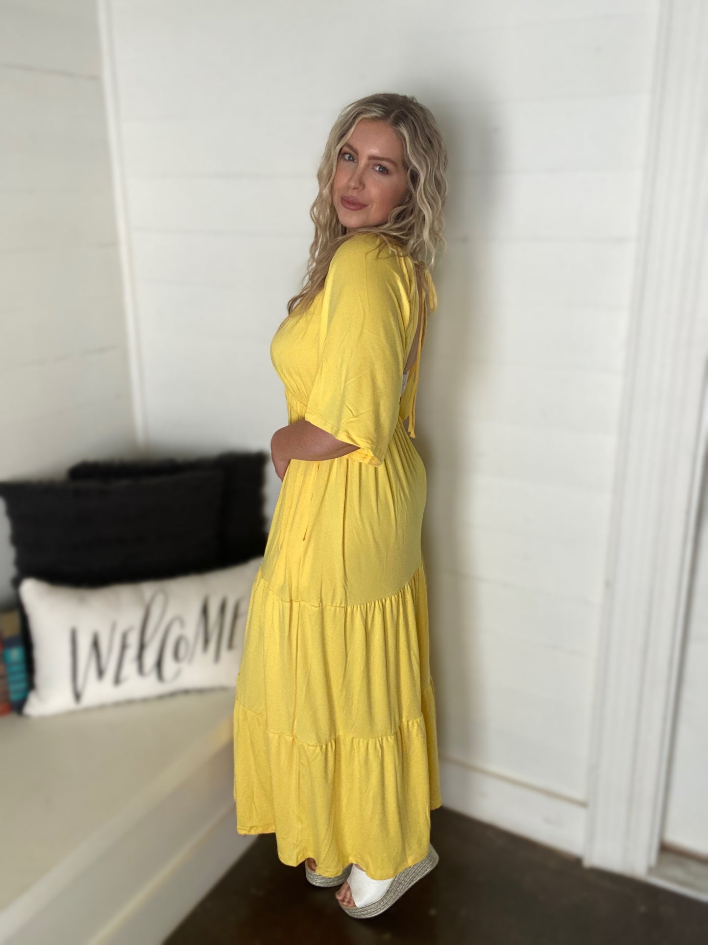 Yellow Flare Sleeve Ruching Tier Maxi Dress with Open Back S-3XL
