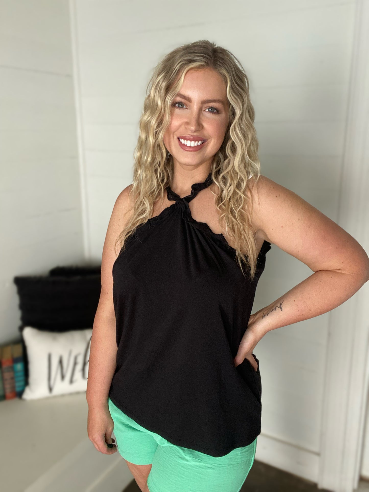 Halter Ruffle Trim Solid Top - 81 Black or 62 White