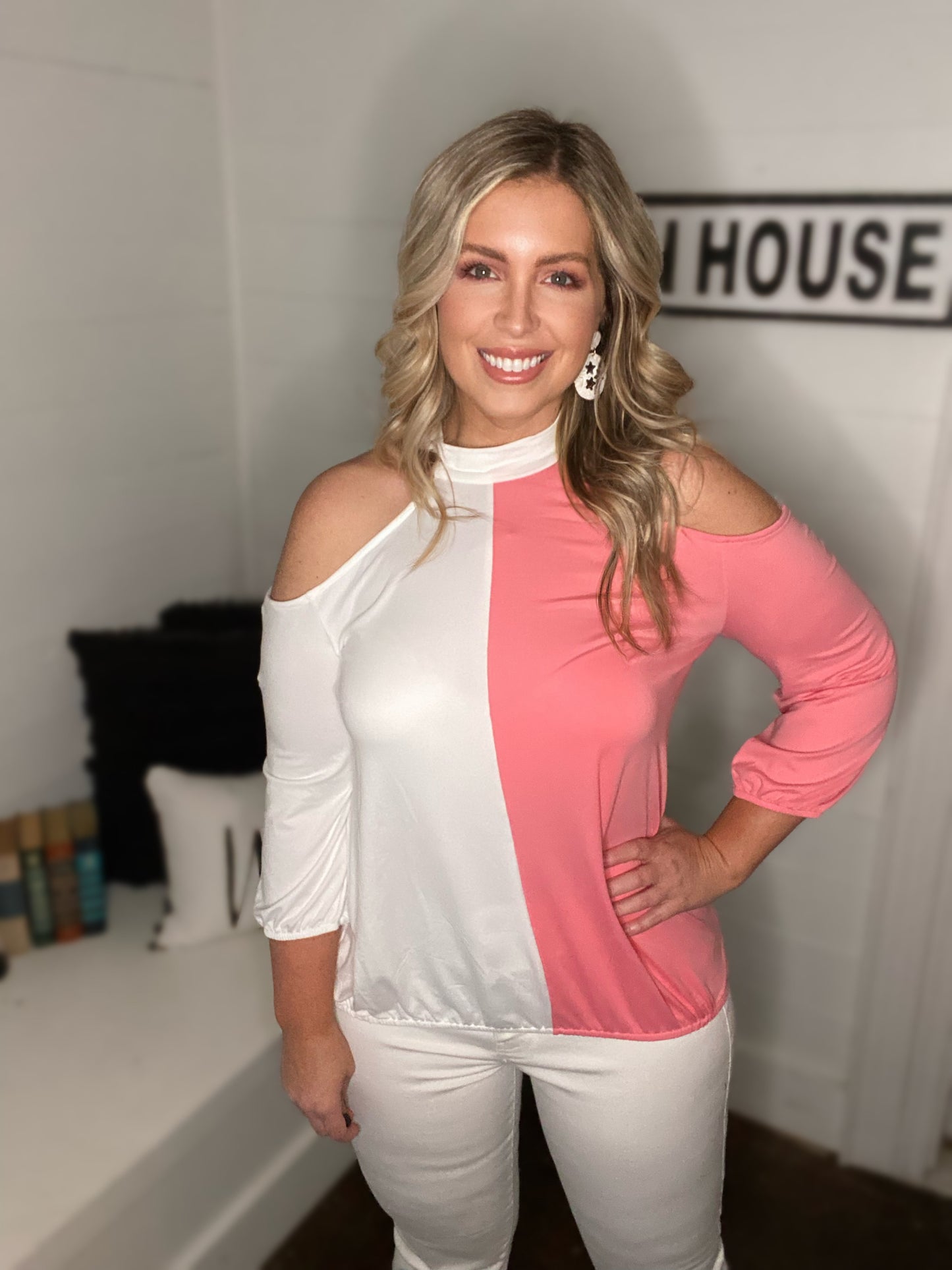 Pink and white Tie Neck Cold Shoulder Color block Top S-3XL
