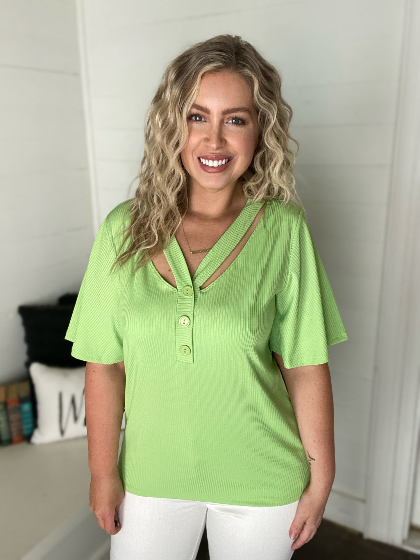 Lime Split Neckband Top with Button Detail
