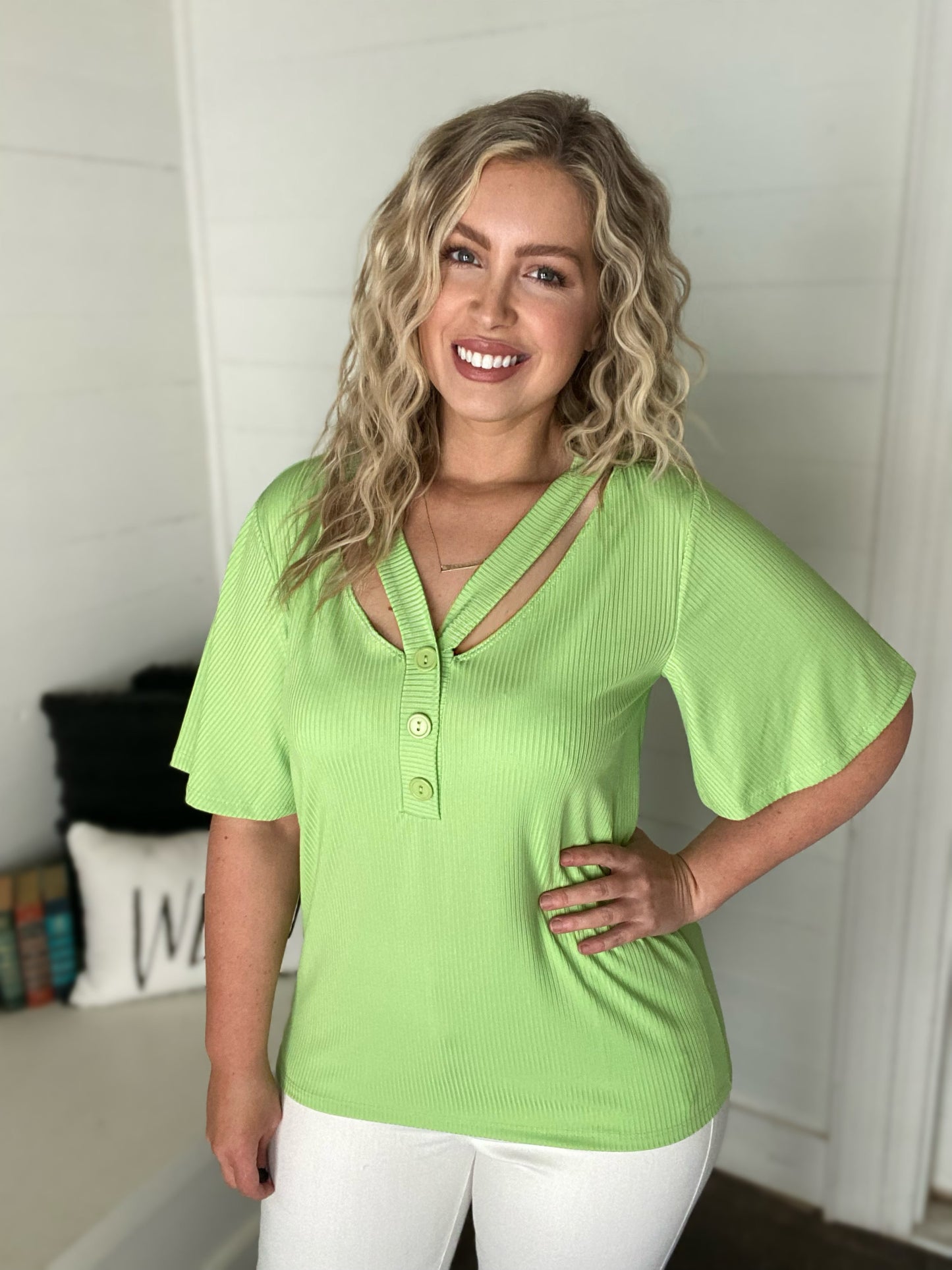 Lime Split Neckband Top with Button Detail