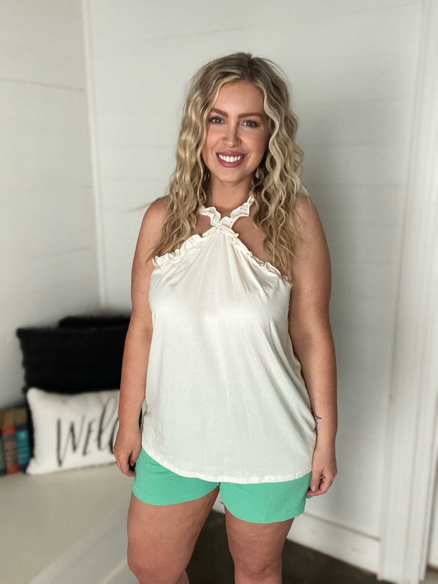 Halter Ruffle Trim Solid Top - 81 Black or 62 White
