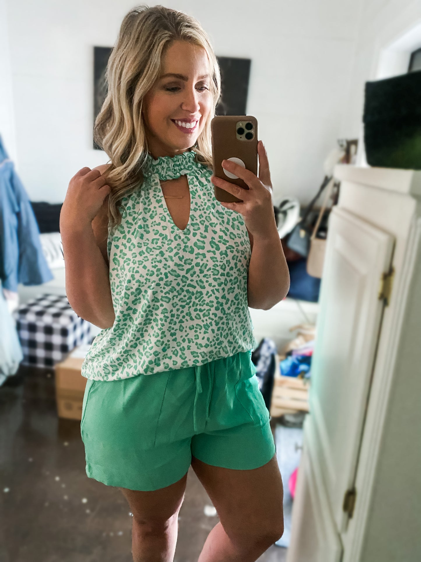 Smocked Neck Halter Tank Top - Mint or Blue