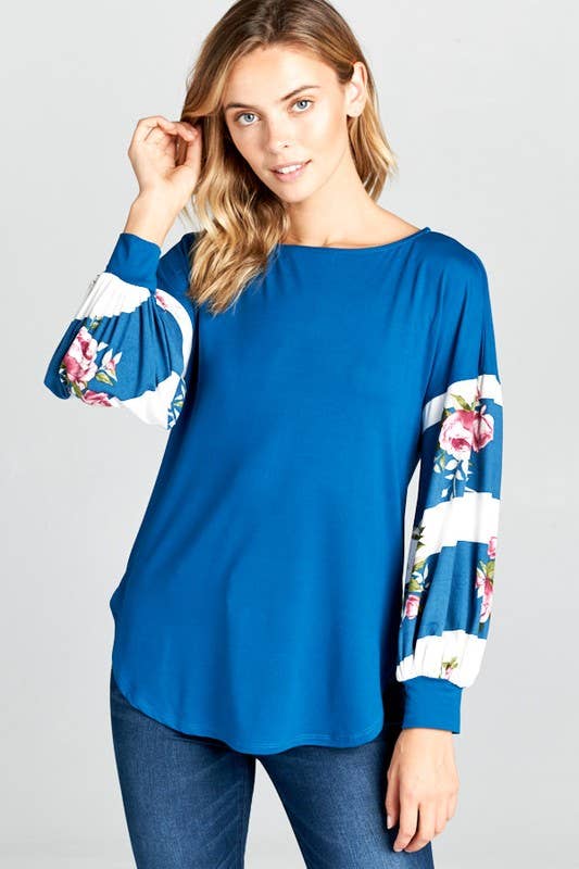 Casual Solid Blue and Floral Top