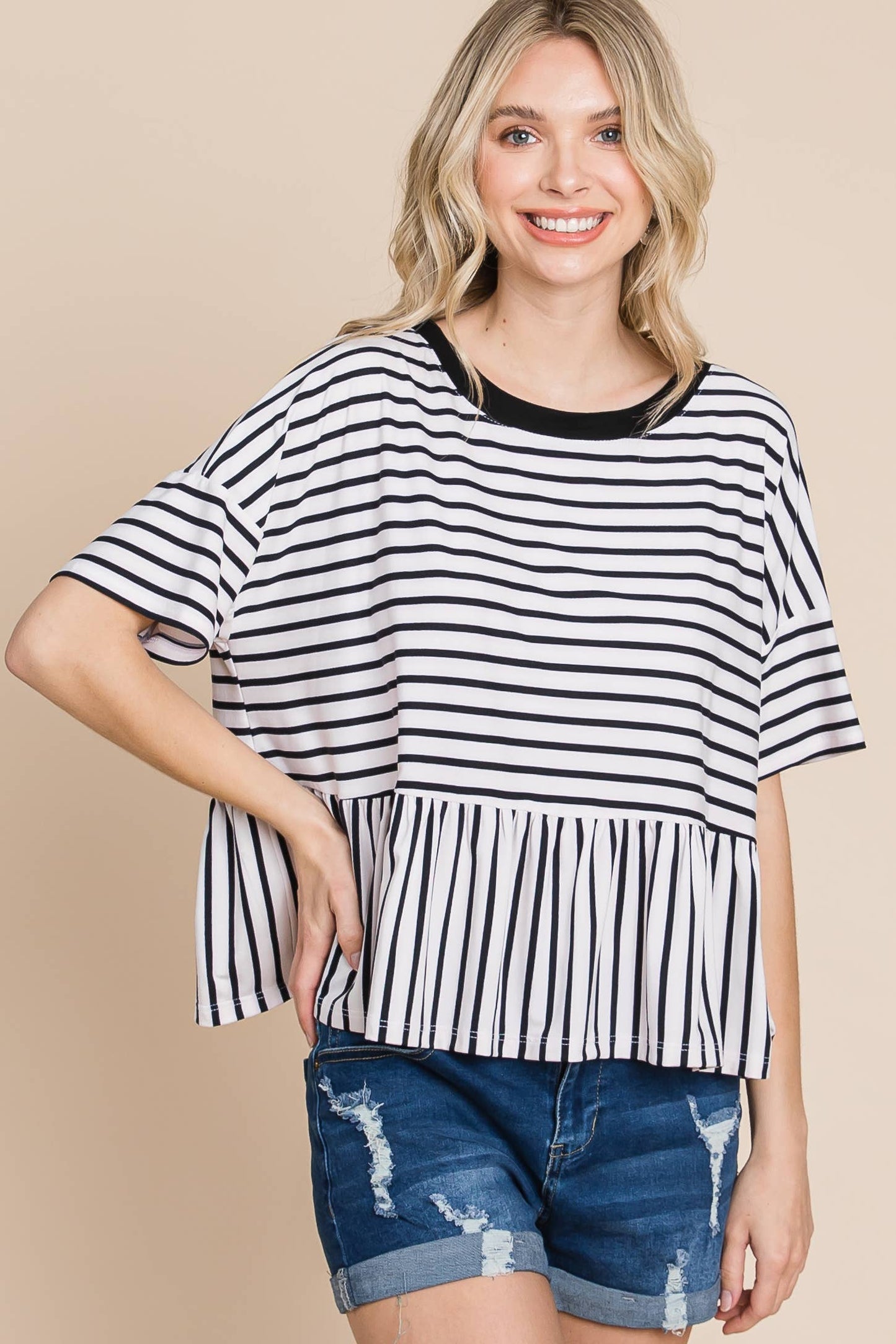 Striped Babydoll Short Sleeve Top S-3XL