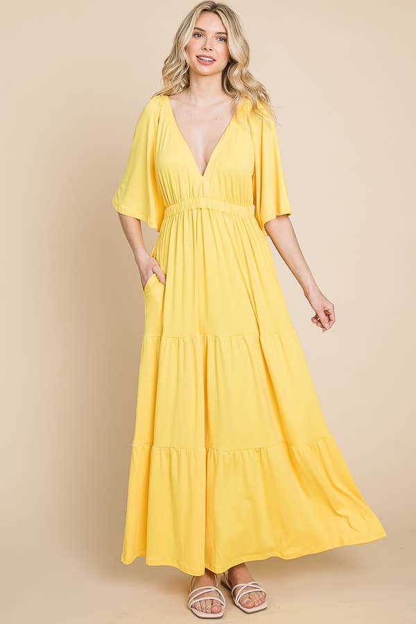 Yellow Flare Sleeve Ruching Tier Maxi Dress with Open Back S-3XL