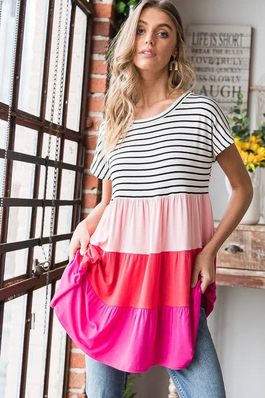 Pink and Stripe Color Block Tiered Top S-3XL