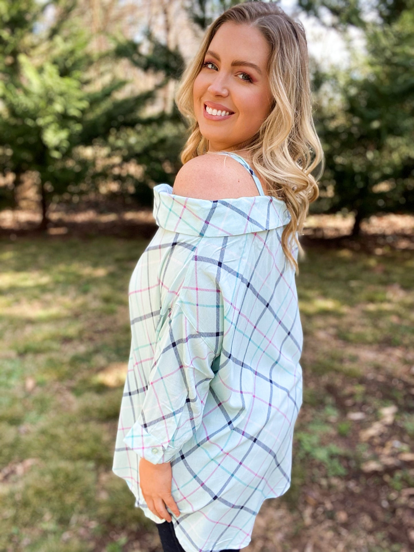 Long Sleeve Cold Shoulder Button Up Checkered Top