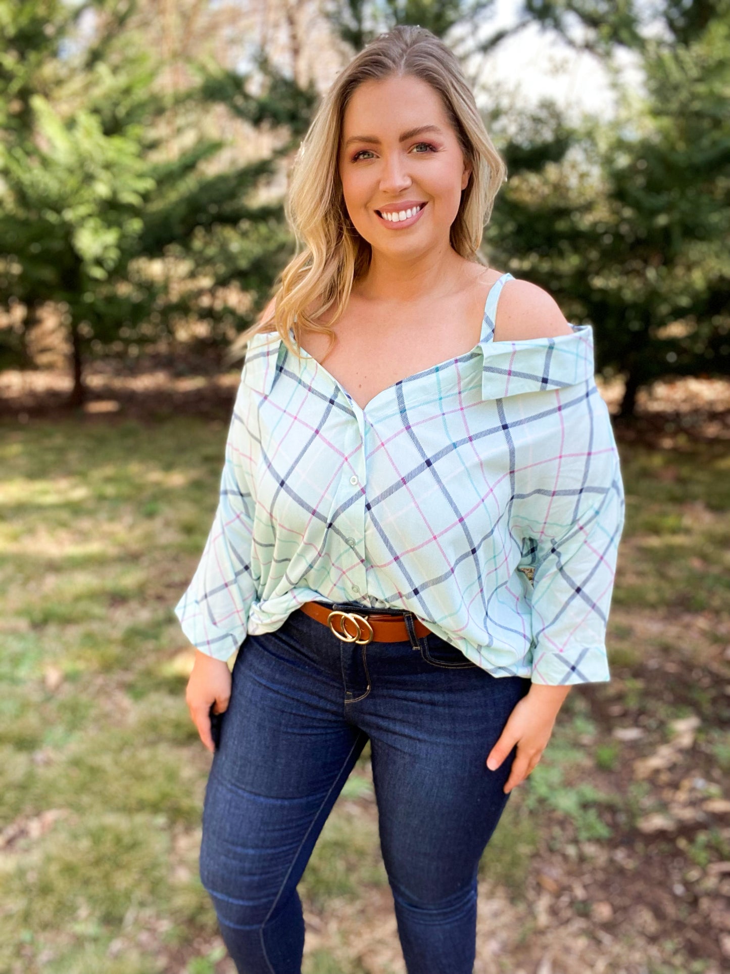 Long Sleeve Cold Shoulder Button Up Checkered Top
