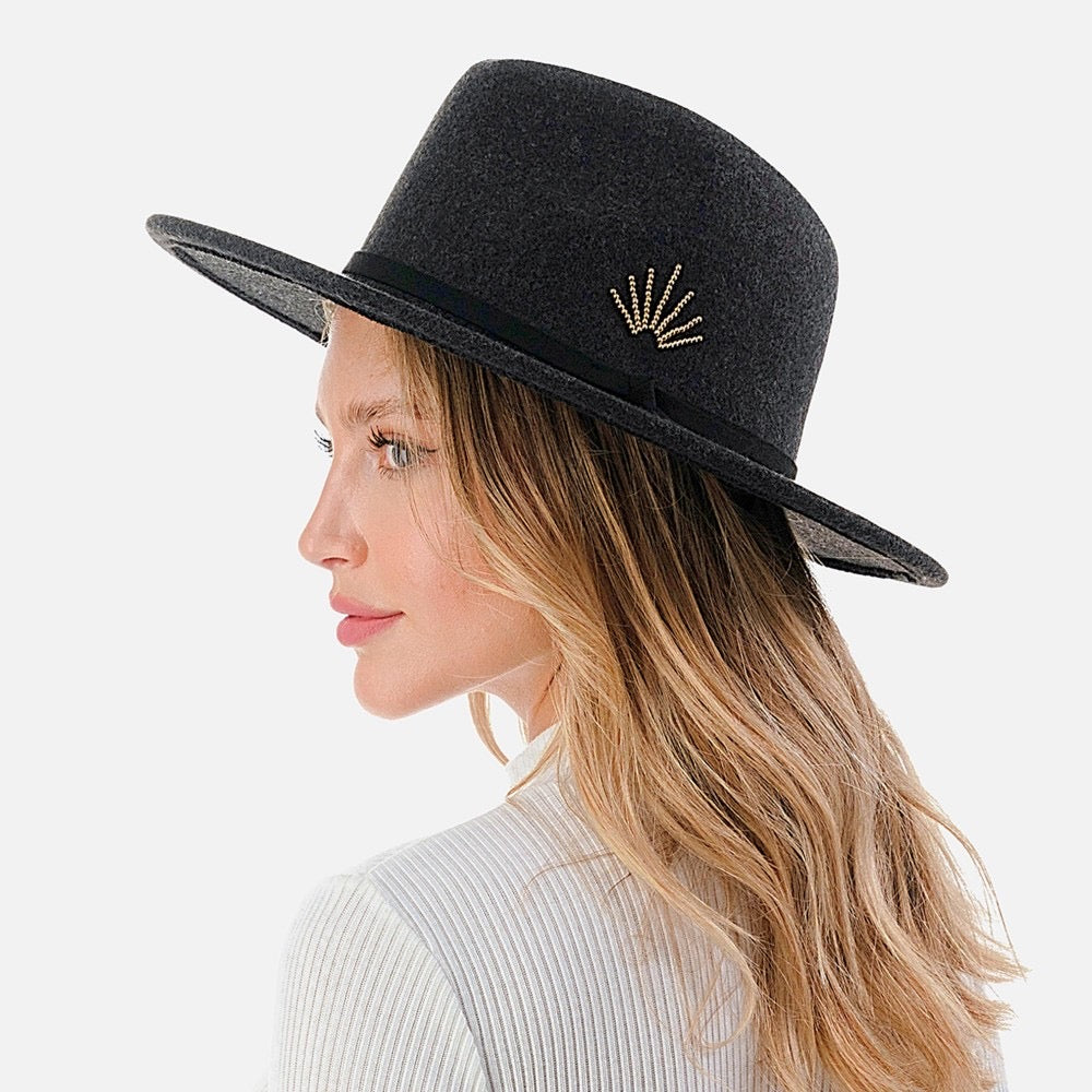 Wide Brim Felt Hat with Thin Leather Band & Gold Beaded Sun Rays Accent - 2 Colors