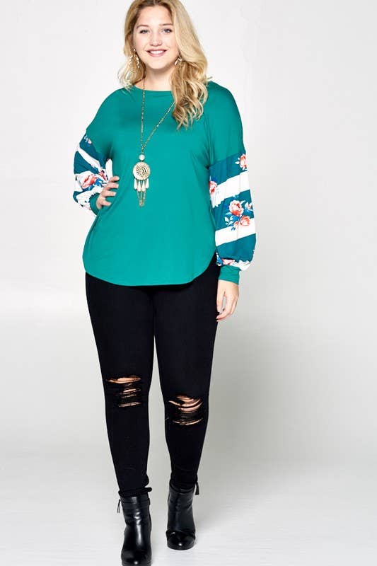 Plus Size Casual Solid Teal and Floral Top