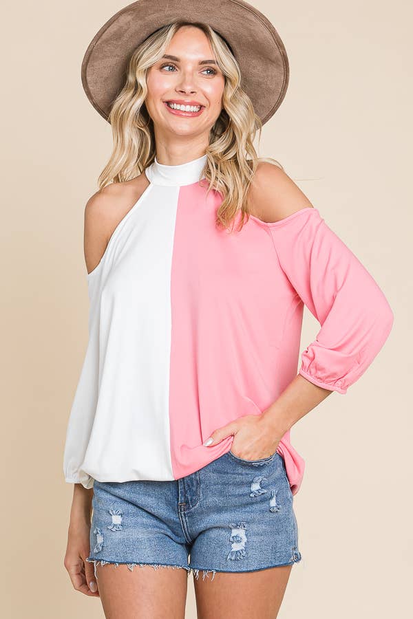 Pink and white Tie Neck Cold Shoulder Color block Top S-3XL