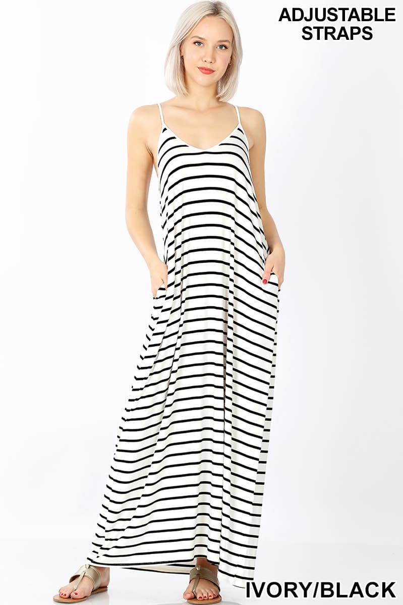 Black & White Striped V Neck Cami Maxi Dress with Pockets
