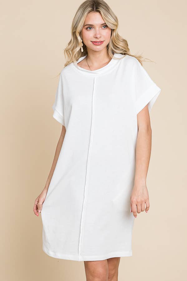 White Loose High Neck Outseam Shift Dress