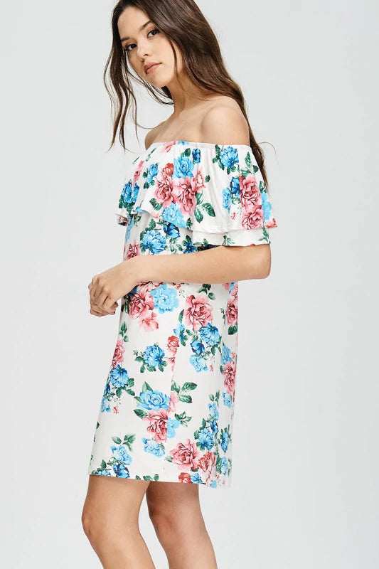 Blue, White & Pink Floral Print Off the Shoulder Dress