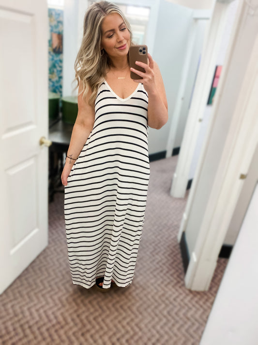 Black & White Striped V Neck Cami Maxi Dress with Pockets