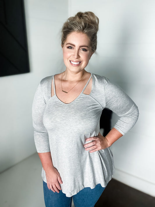 Grey Tunic Top with Cut-Out Neckline S-3XL