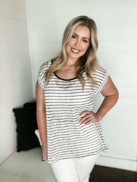 Oversized Black and White Stripe Top with Back Stitch Detail