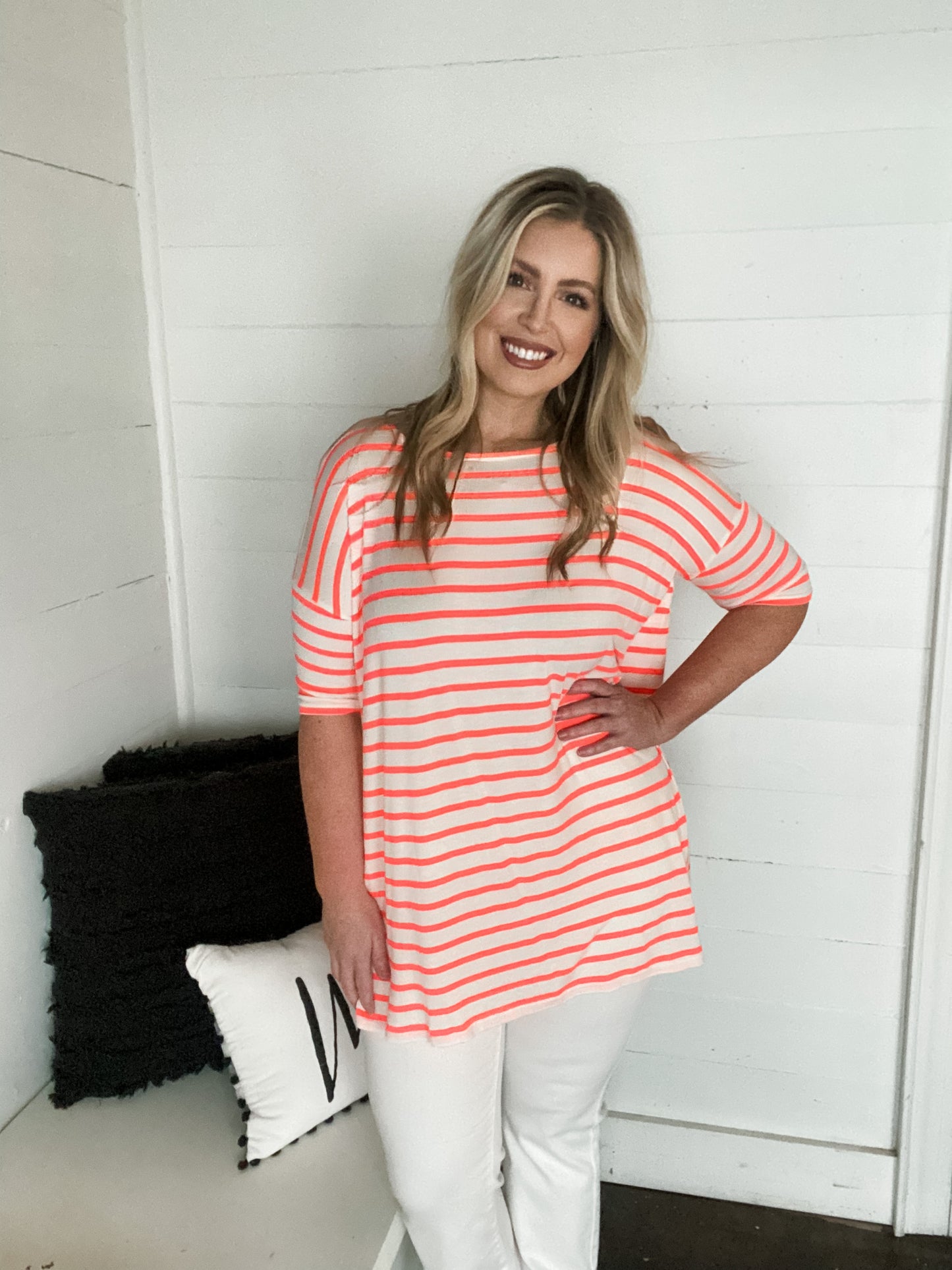Neon Orange Stripe Casual Tunic Top S-3XL