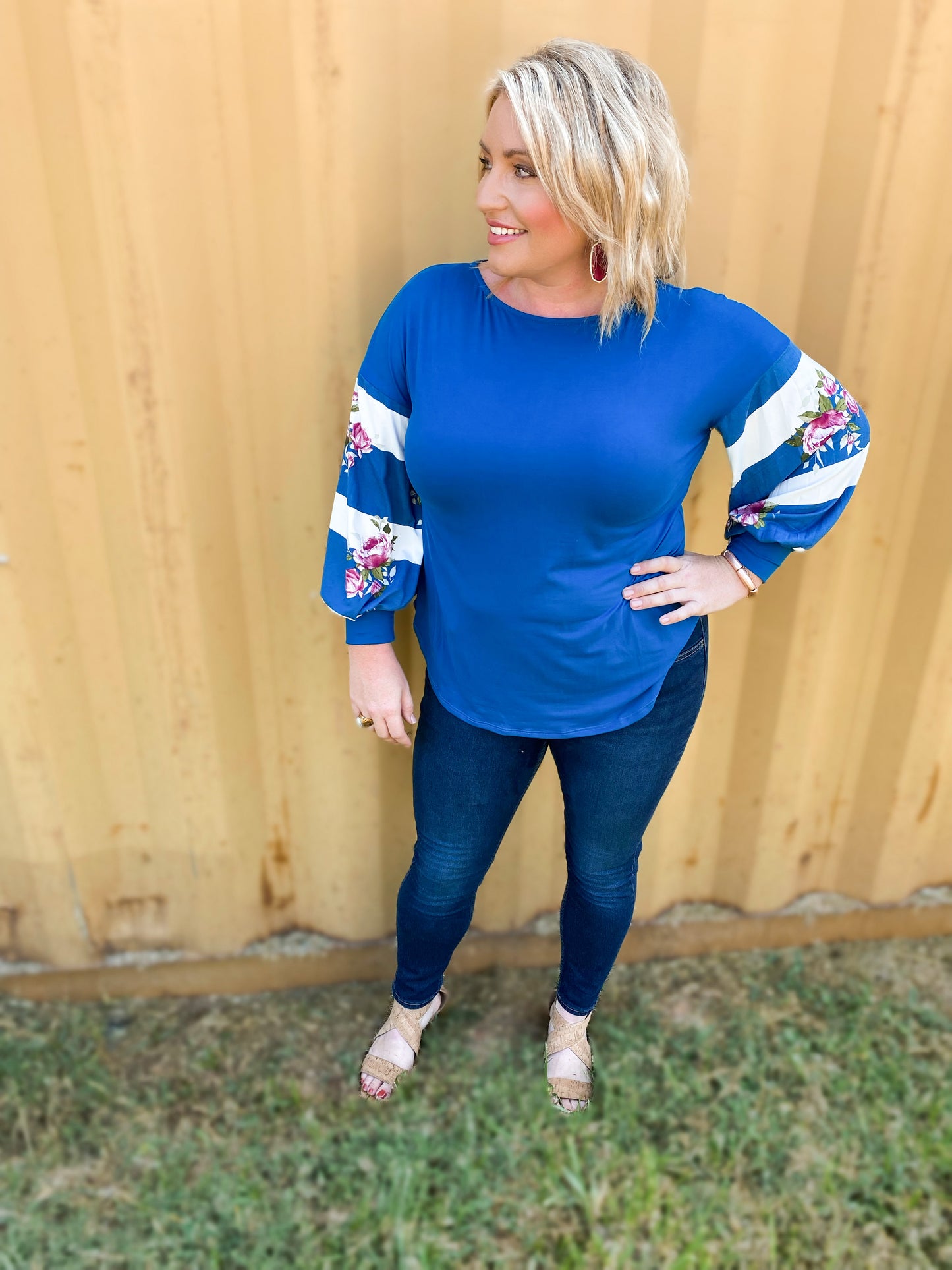 Casual Solid Blue and Floral Top